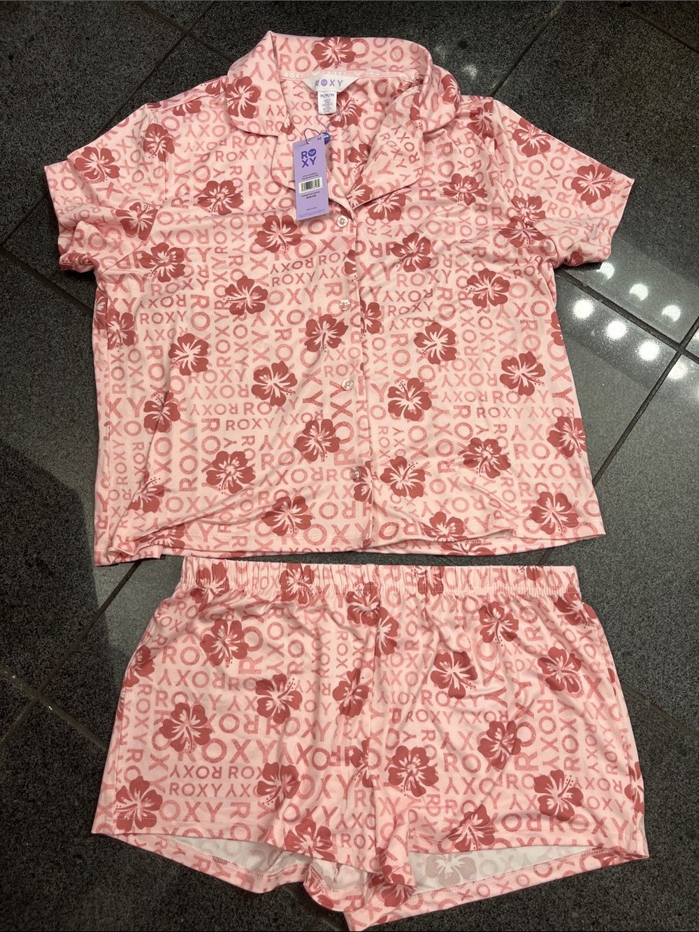 Roxy Pink Floral Logo Short Pajama Set - Light & Rose